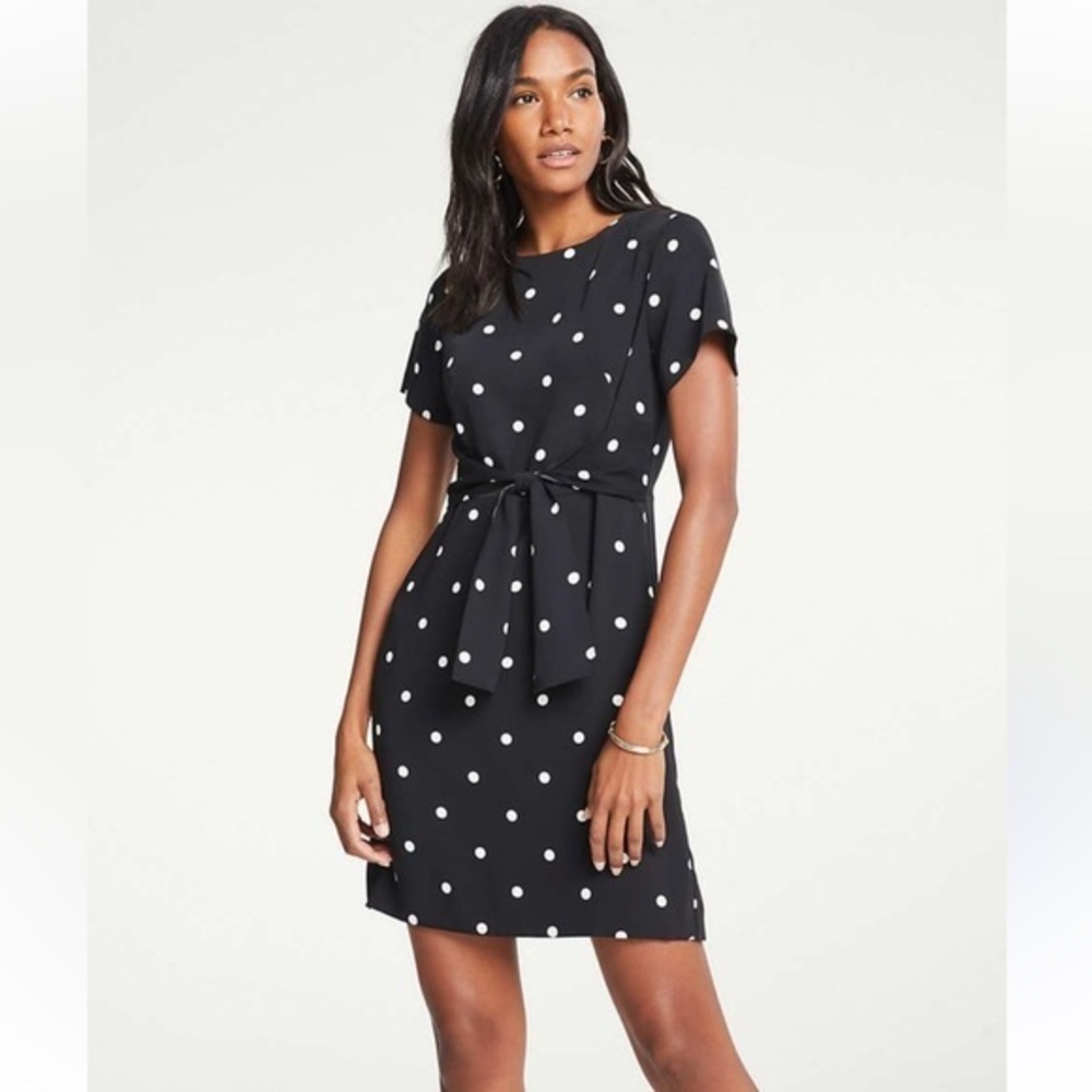Ann Taylor Petites Polka Dot Black & White Dress 8P EUC. Self Tie Attached Belt